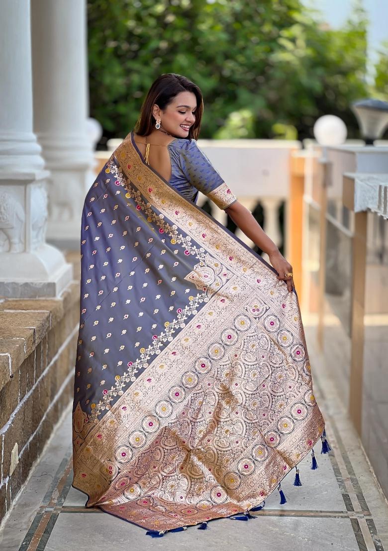 Grey Zari Woven Silk Saree Set - Indya