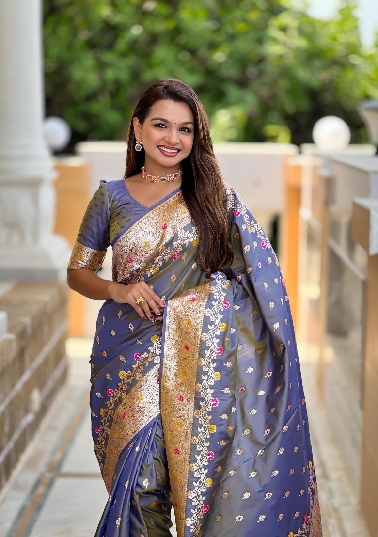 Grey Zari Woven Silk Saree Set - Indya