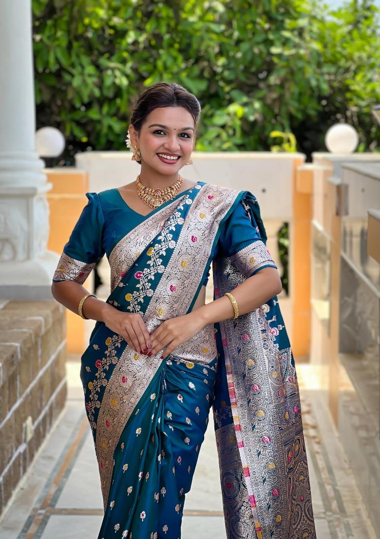 Turquoise Zari Woven Silk Saree Set - Indya