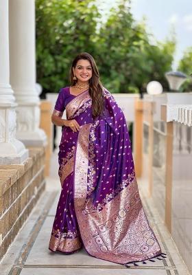 Purple Zari Woven Silk Saree Set