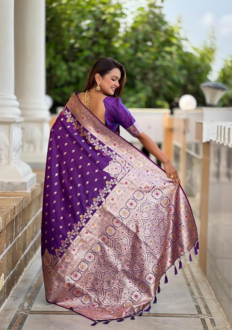 Purple Zari Woven Silk Saree Set - Indya