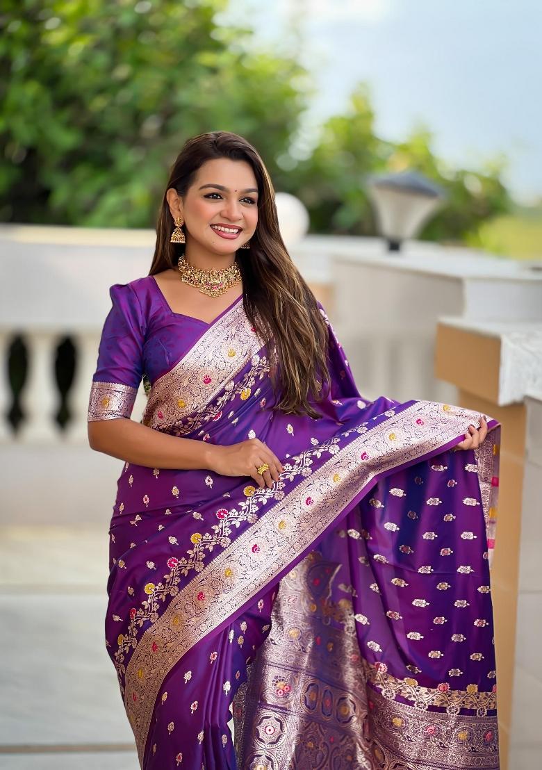 Purple Zari Woven Silk Saree Set - Indya