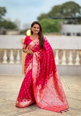 Pink Zari Woven Silk Saree Set