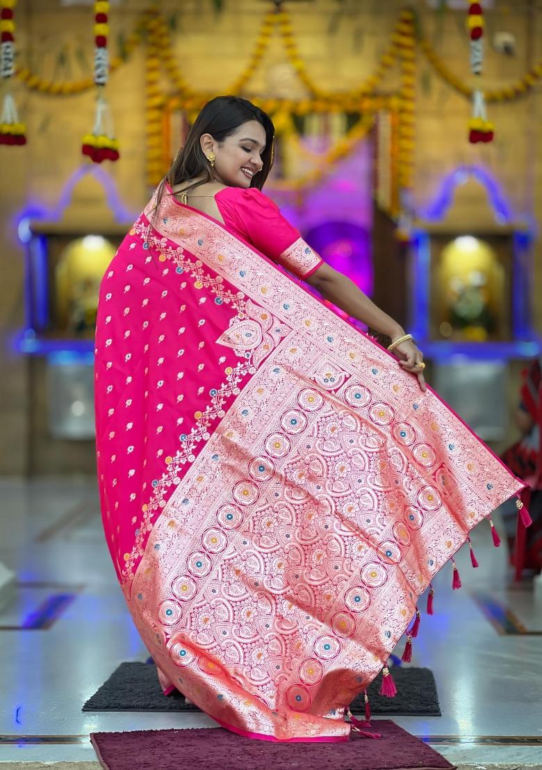 Pink Zari Woven Silk Saree Set - Indya
