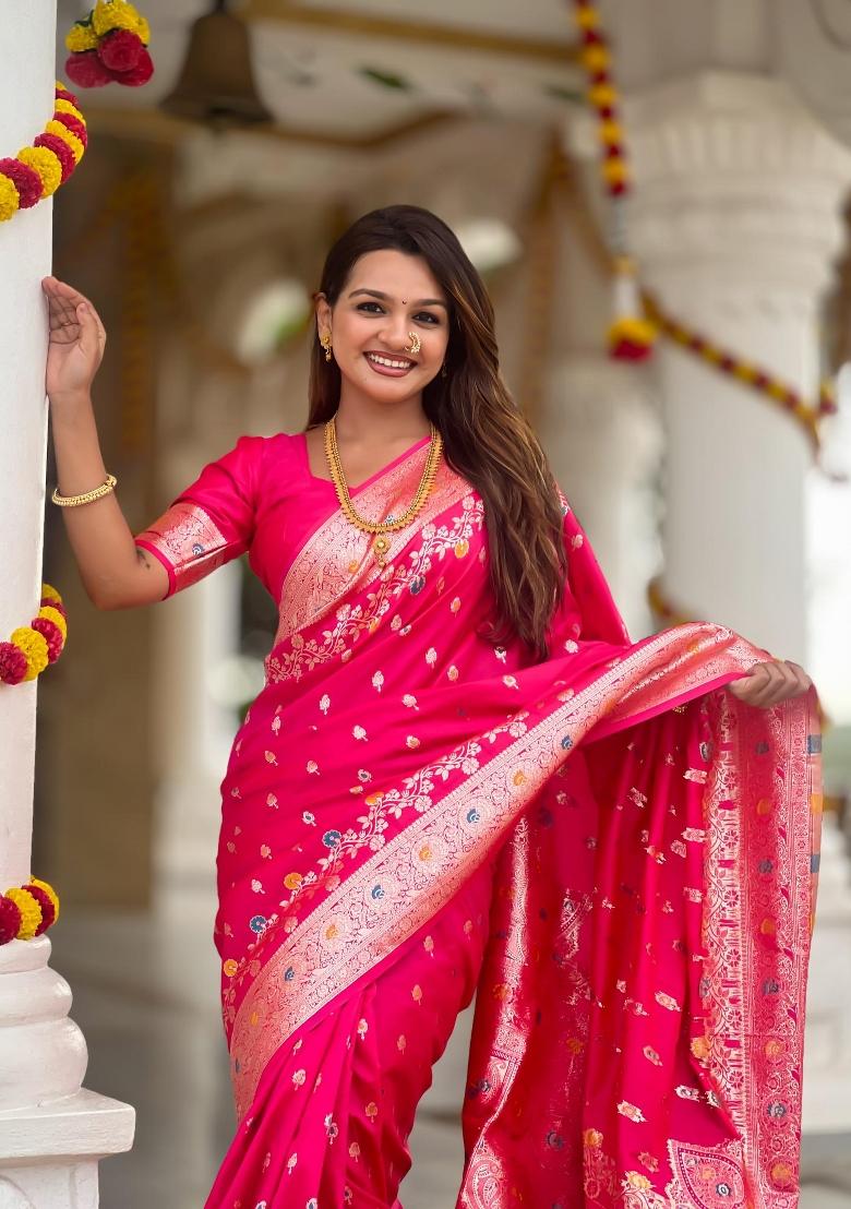 Pink Zari Woven Silk Saree Set - Indya