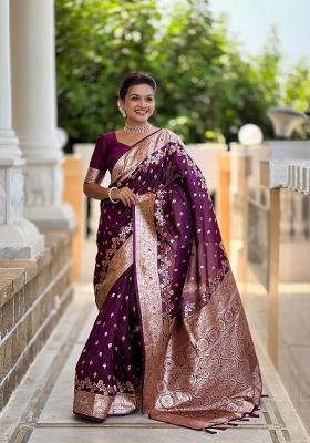 Wine Zari Woven Silk Saree Set