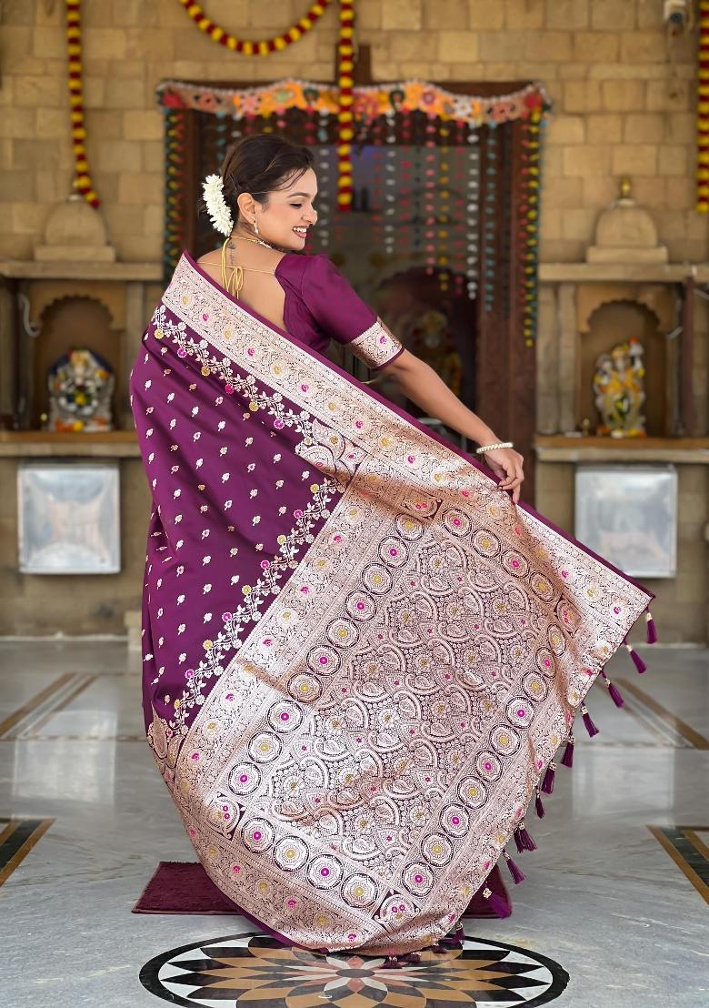 Wine Zari Woven Silk Saree Set - Indya