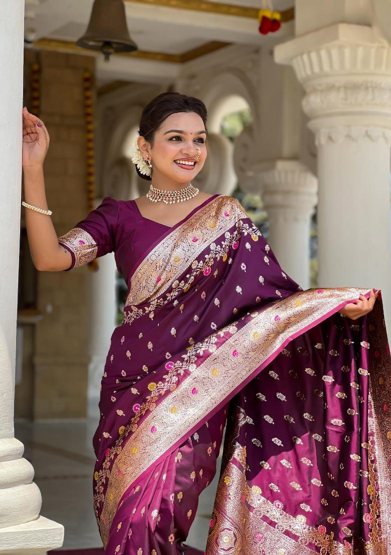 Wine Zari Woven Silk Saree Set - Indya
