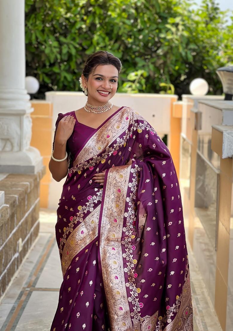 Wine Zari Woven Silk Saree Set - Indya