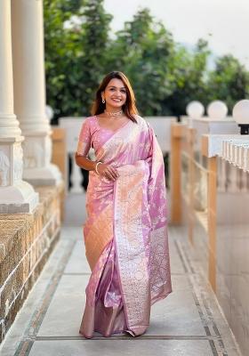 Pink Zari Woven Silk Saree Set