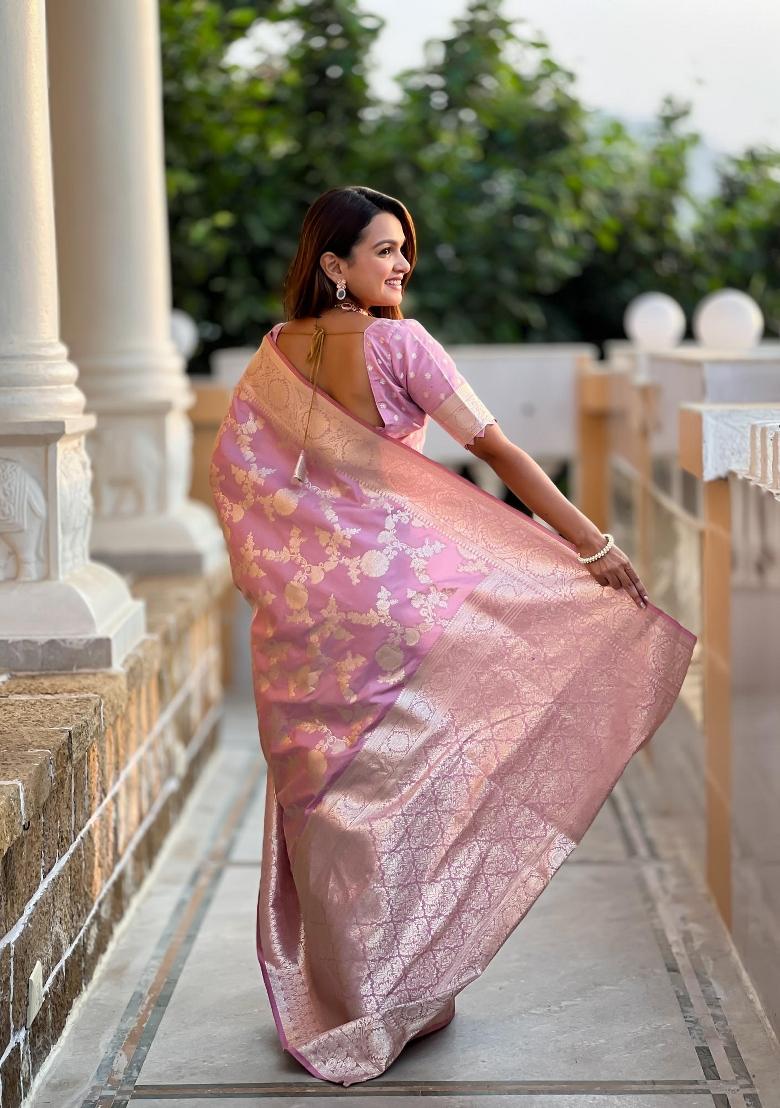 Pink Zari Woven Silk Saree Set - Indya