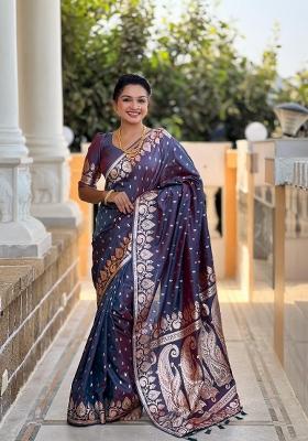Dark Blue Zari Woven Silk Saree Set