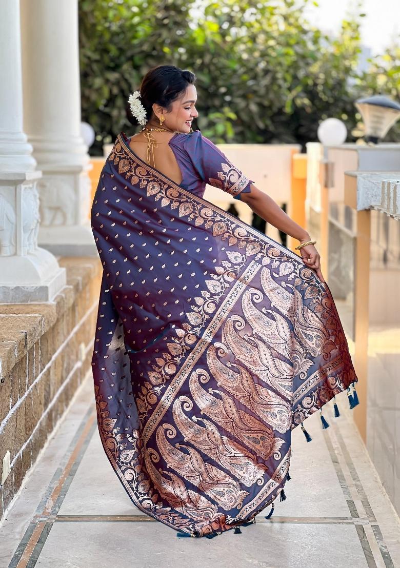 Dark Blue Zari Woven Silk Saree Set - Indya