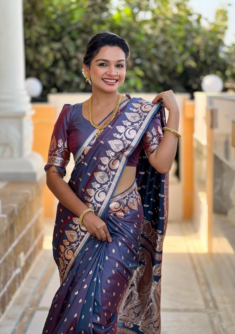 Dark Blue Zari Woven Silk Saree Set - Indya