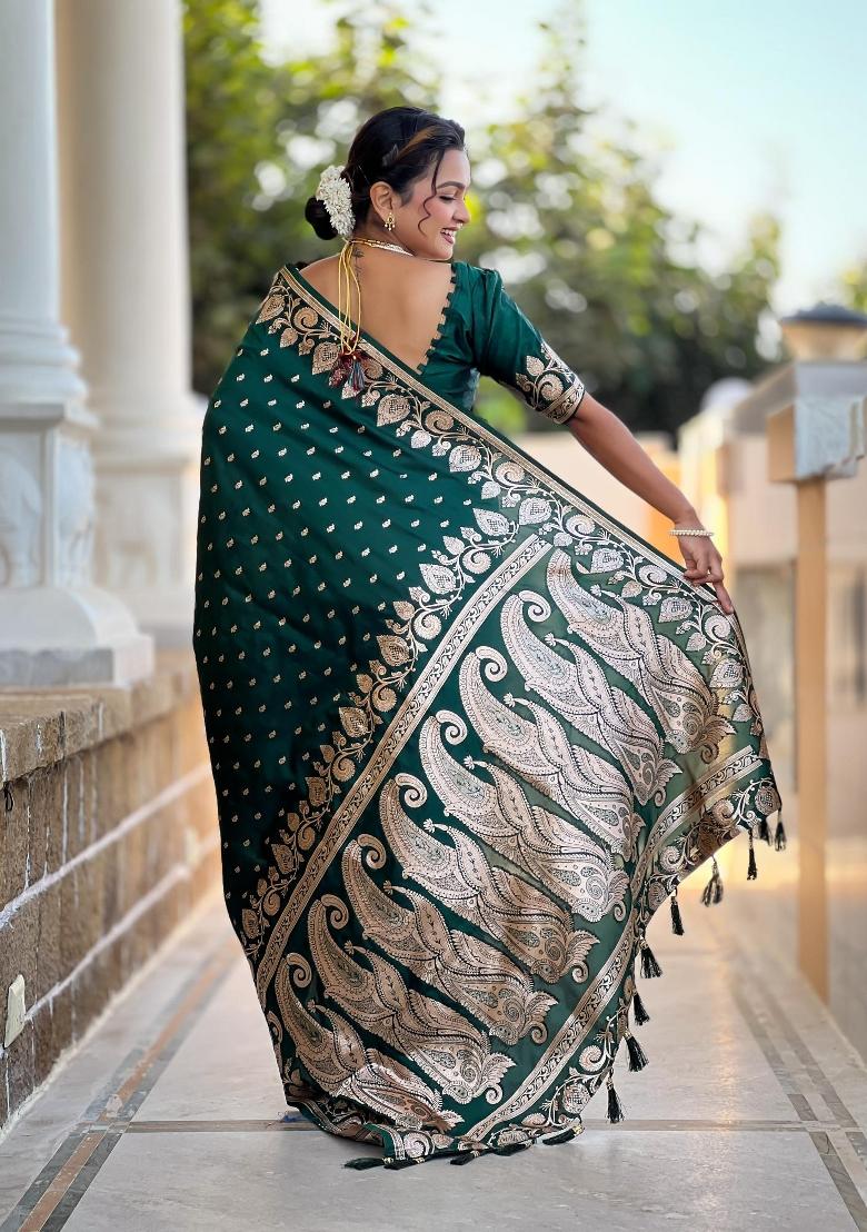Green Zari Woven Silk Saree Set - Indya