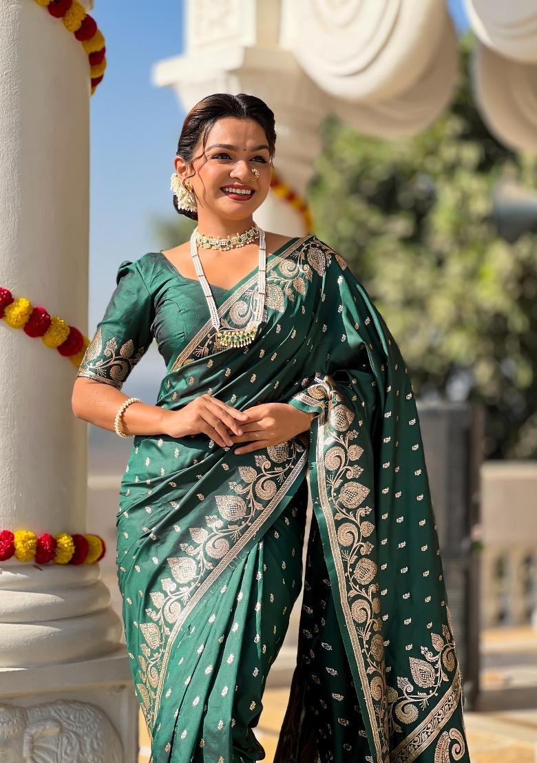 Green Zari Woven Silk Saree Set - Indya