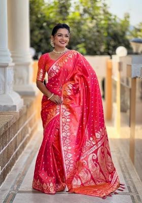Pink Zari Woven Silk Saree Set