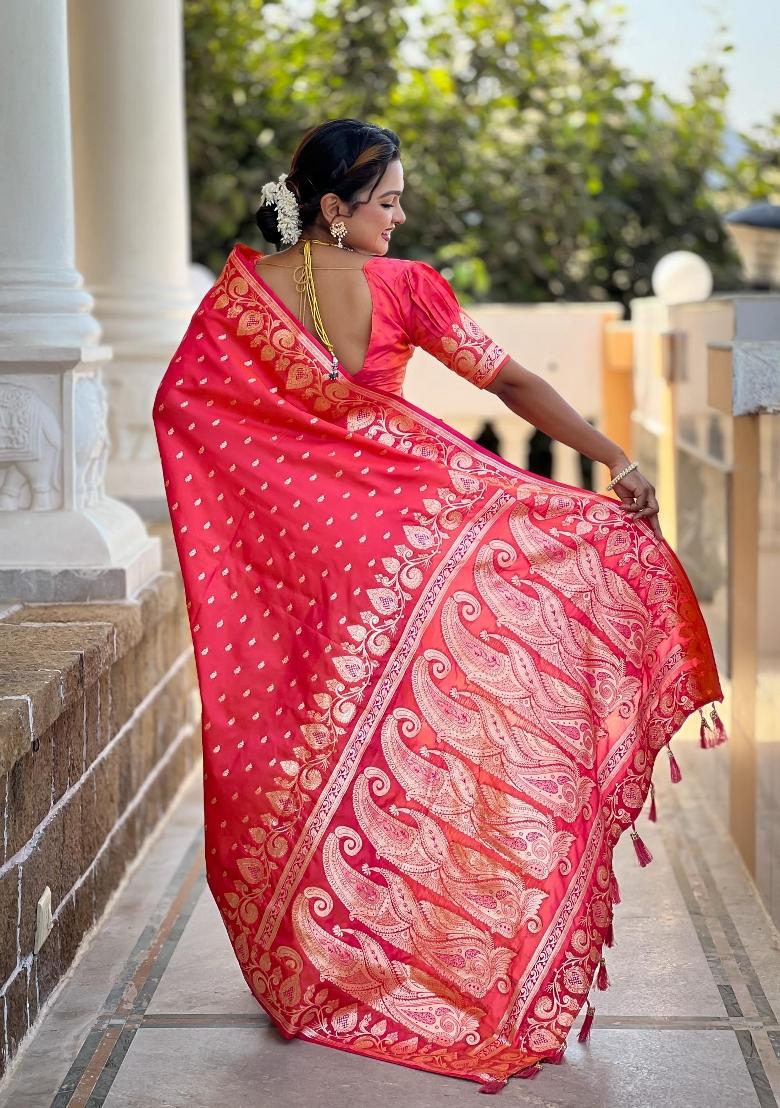 Pink Zari Woven Silk Saree Set - Indya