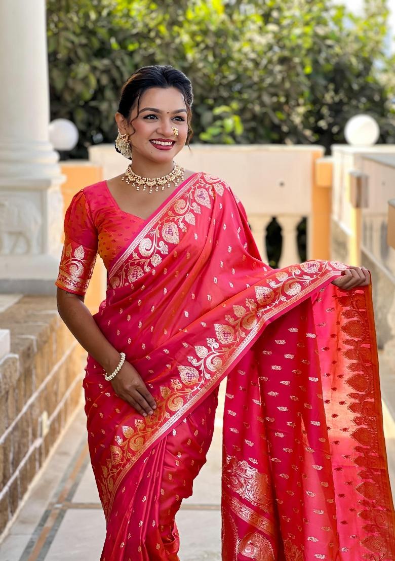 Pink Zari Woven Silk Saree Set - Indya