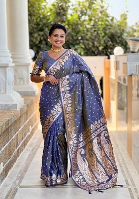 Grey Zari Woven Silk Saree Set