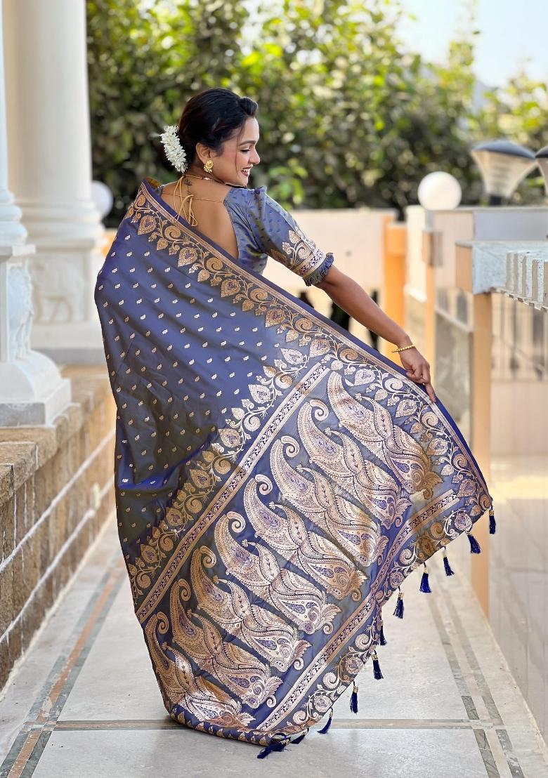 Grey Zari Woven Silk Saree Set - Indya