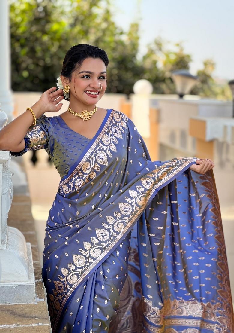 Grey Zari Woven Silk Saree Set - Indya