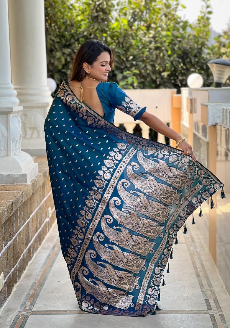 Turquoise Zari Woven Silk Saree Set - Indya