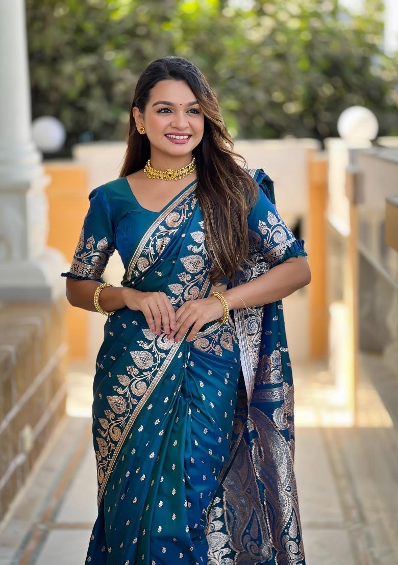 Turquoise Zari Woven Silk Saree Set - Indya
