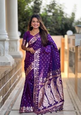 Purple Zari Woven Silk Saree Set
