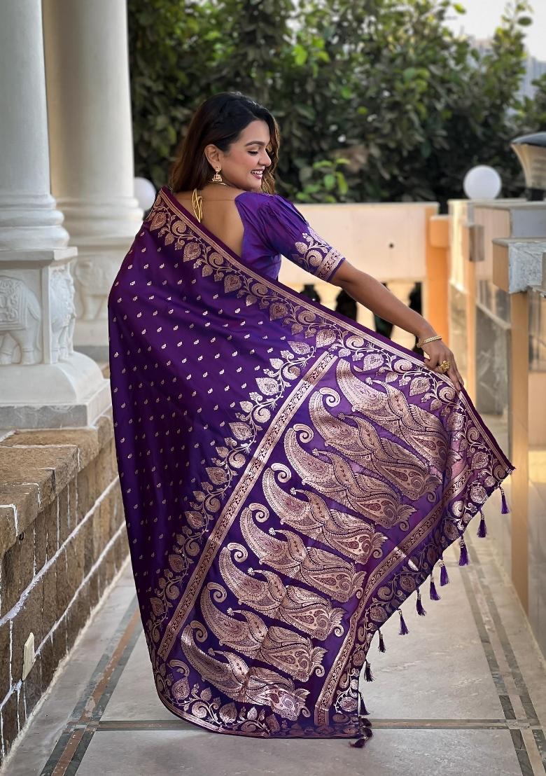 Purple Zari Woven Silk Saree Set - Indya