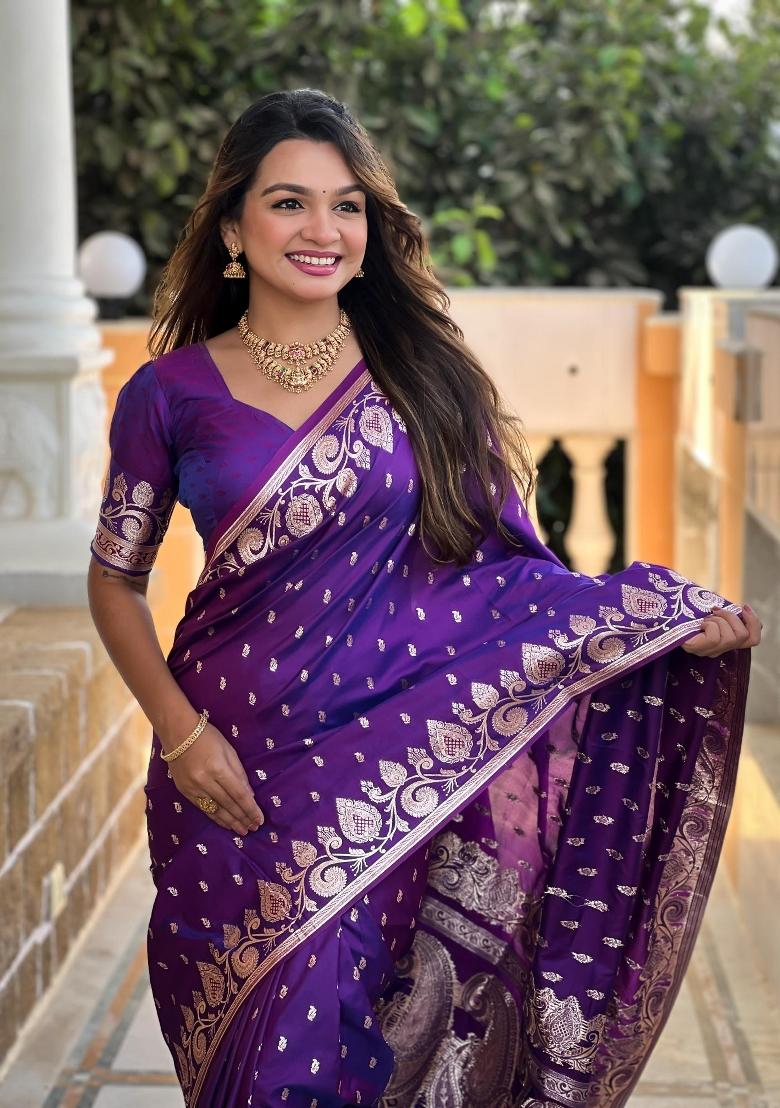 Purple Zari Woven Silk Saree Set - Indya