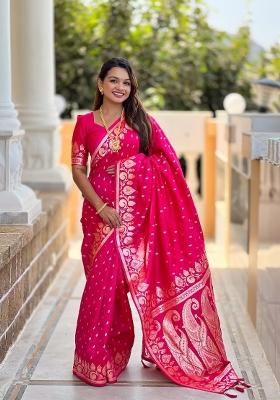 Pink Zari Woven Silk Saree Set
