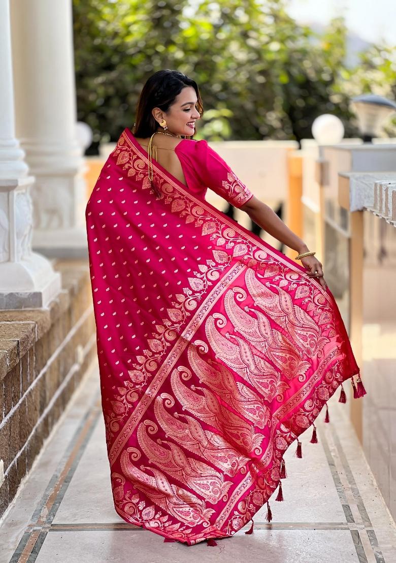 Pink Zari Woven Silk Saree Set - Indya