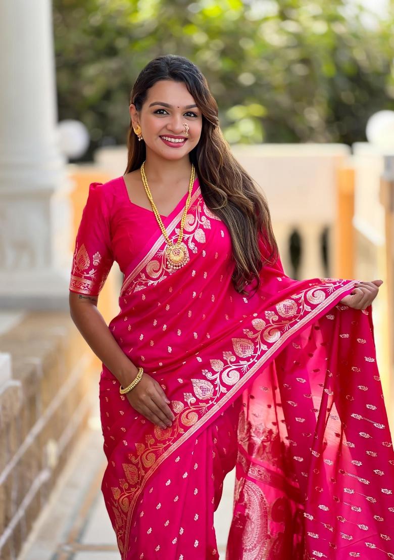 Pink Zari Woven Silk Saree Set - Indya