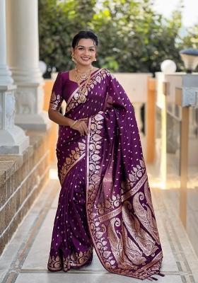 Wine Zari Woven Silk Saree Set