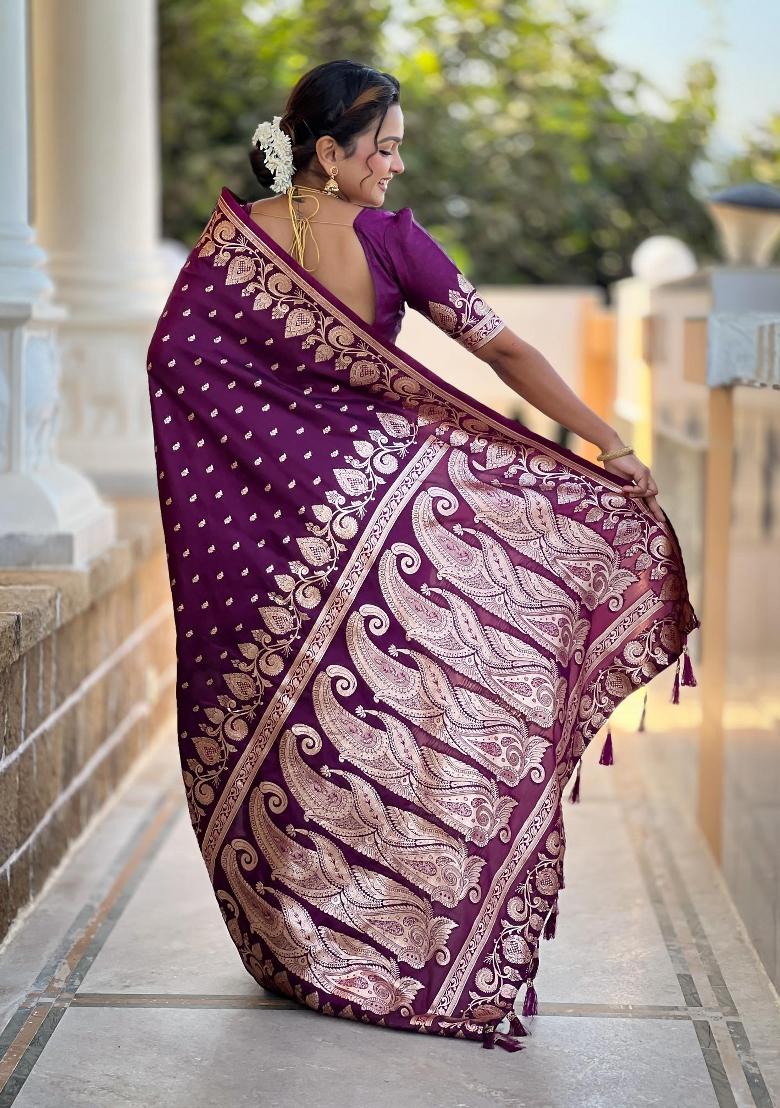 Wine Zari Woven Silk Saree Set - Indya