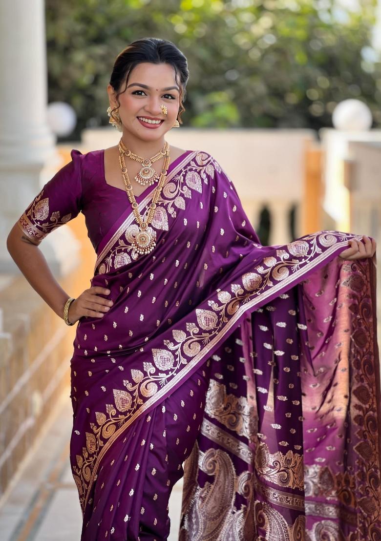 Wine Zari Woven Silk Saree Set - Indya
