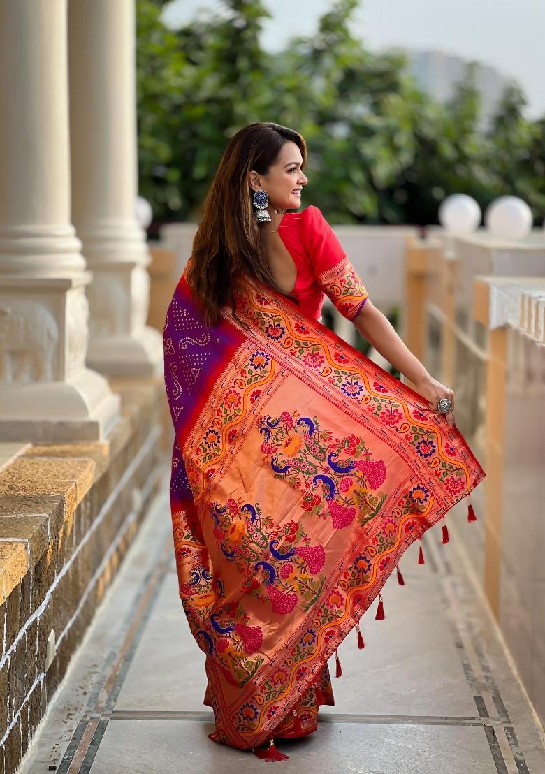 Purple Zari Woven Silk Saree Set - Indya