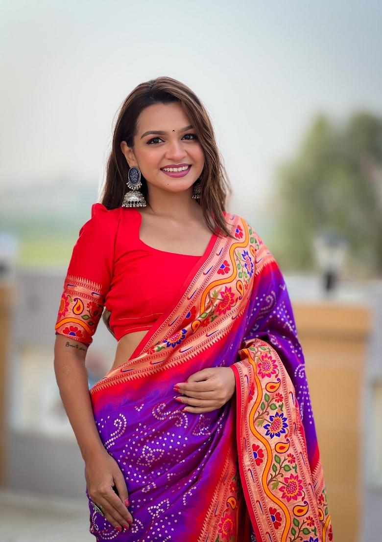 Purple Zari Woven Silk Saree Set - Indya