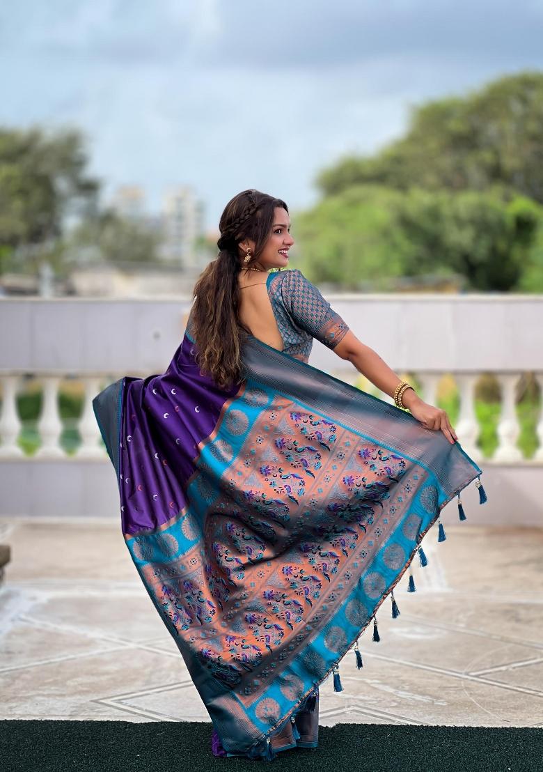 Purple Zari Woven Silk Saree Set - Indya