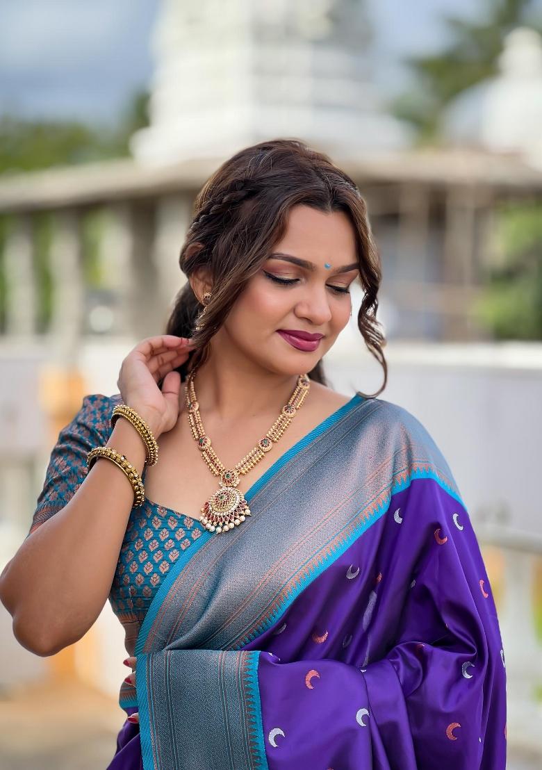Purple Zari Woven Silk Saree Set - Indya