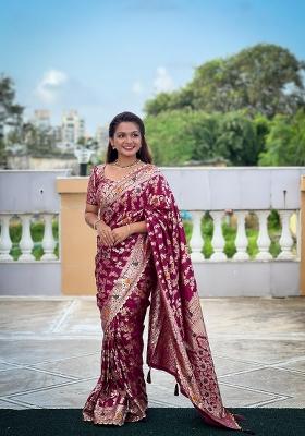 Wine Zari Woven Silk Saree Set