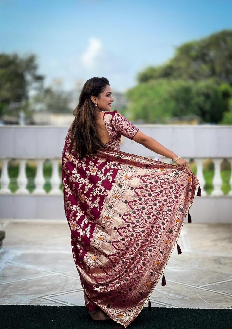 Wine Zari Woven Silk Saree Set - Indya