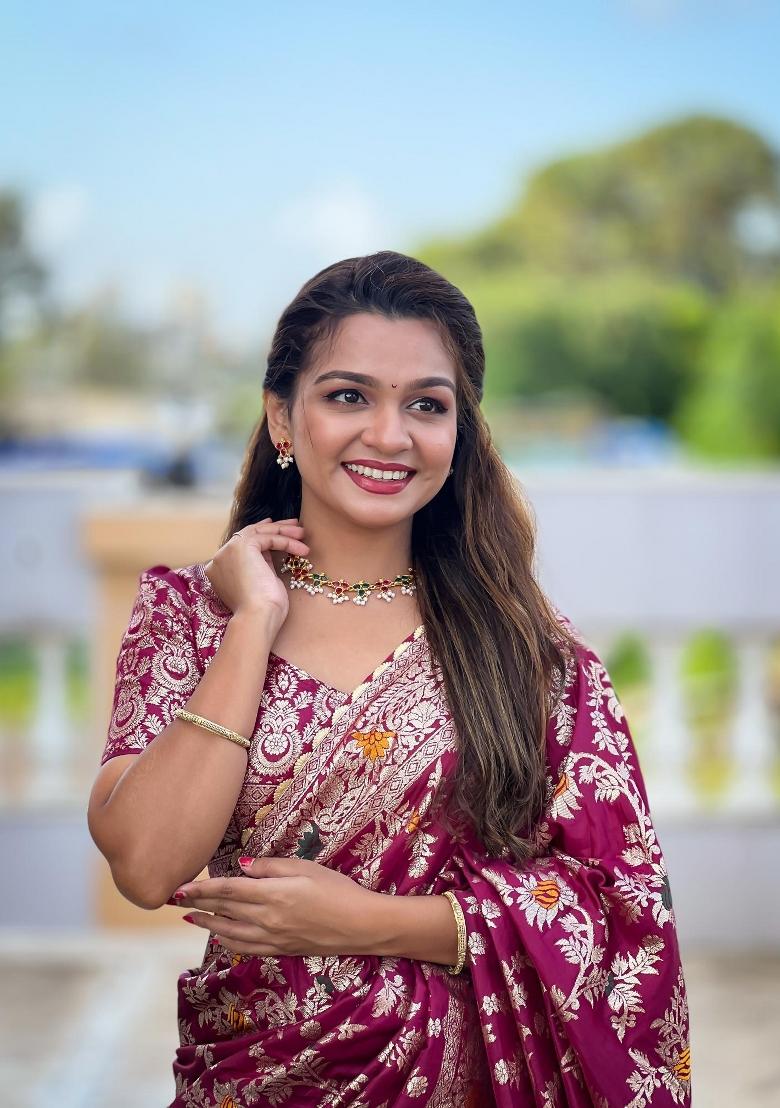 Wine Zari Woven Silk Saree Set - Indya