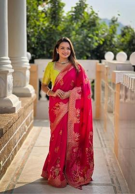 Pink Zari Woven Silk Saree Set