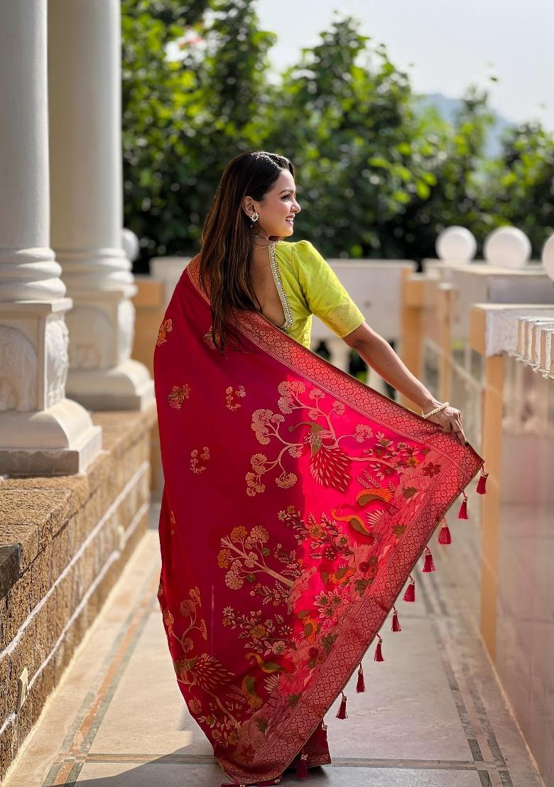 Pink Zari Woven Silk Saree Set - Indya
