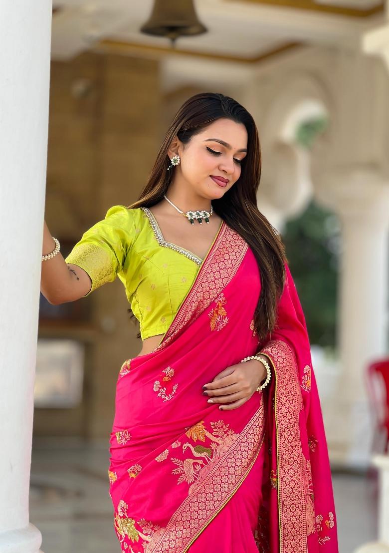 Pink Zari Woven Silk Saree Set - Indya