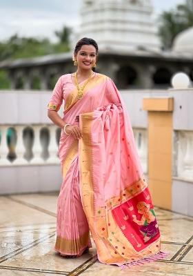 Pink Zari Woven Silk Saree Set