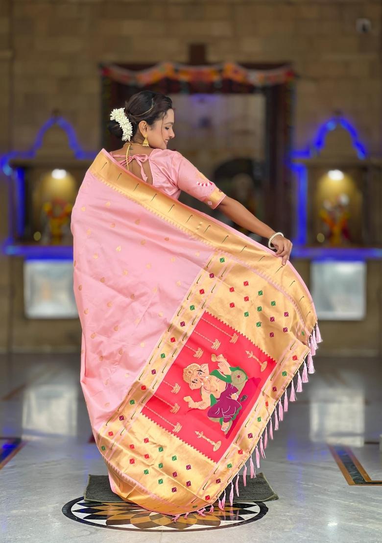 Pink Zari Woven Silk Saree Set - Indya