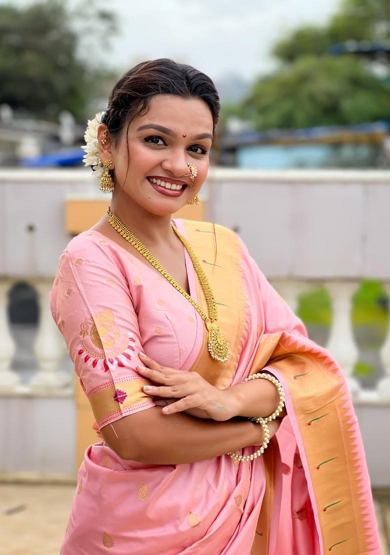 Pink Zari Woven Silk Saree Set - Indya